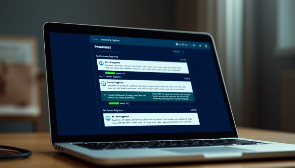 Email personalisation interface showing AI-generated subject lines, send-time optimisation, and dynamic content blocks for different customer segments
