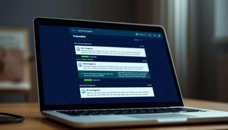 Email personalisation interface showing AI-generated subject lines, send-time optimisation, and dynamic content blocks for different customer segments