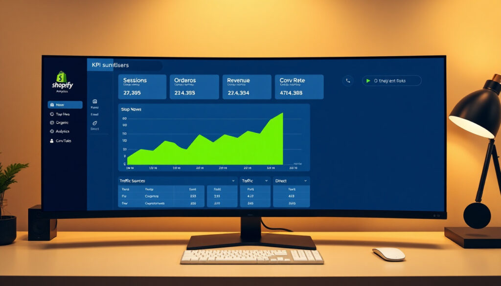 Shopify analytics dashboard with key metrics highlighted: conversion rate funnel, top traffic sources, best-selling products, and revenue by channel