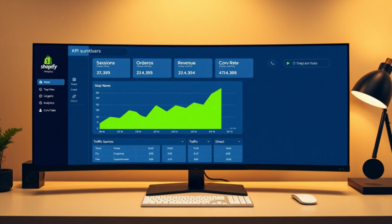 Shopify analytics dashboard with key metrics highlighted: conversion rate funnel, top traffic sources, best-selling products, and revenue by channel